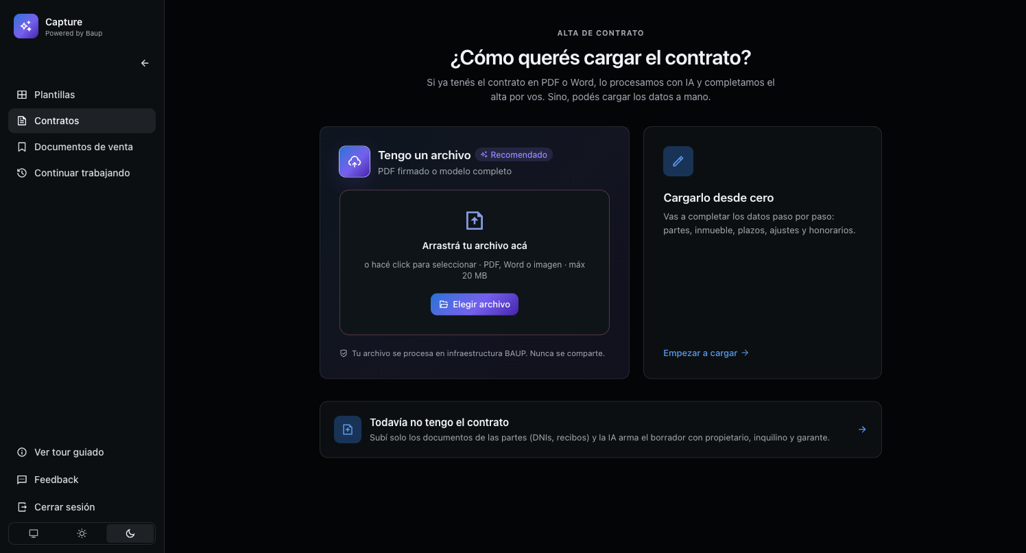 Capture: alta de contrato en modo oscuro