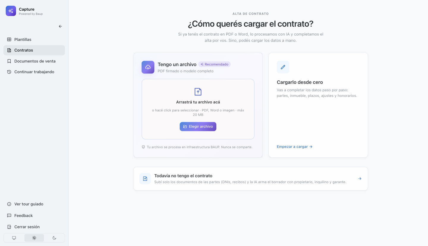 Capture: alta de contrato con opción de subir el archivo o cargarlo desde cero