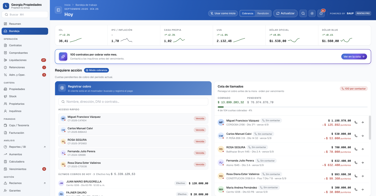 Bandeja de trabajo en modo cobranza: índices ICL, IPC, UVA y dólar, registro de cobro y cola de llamados