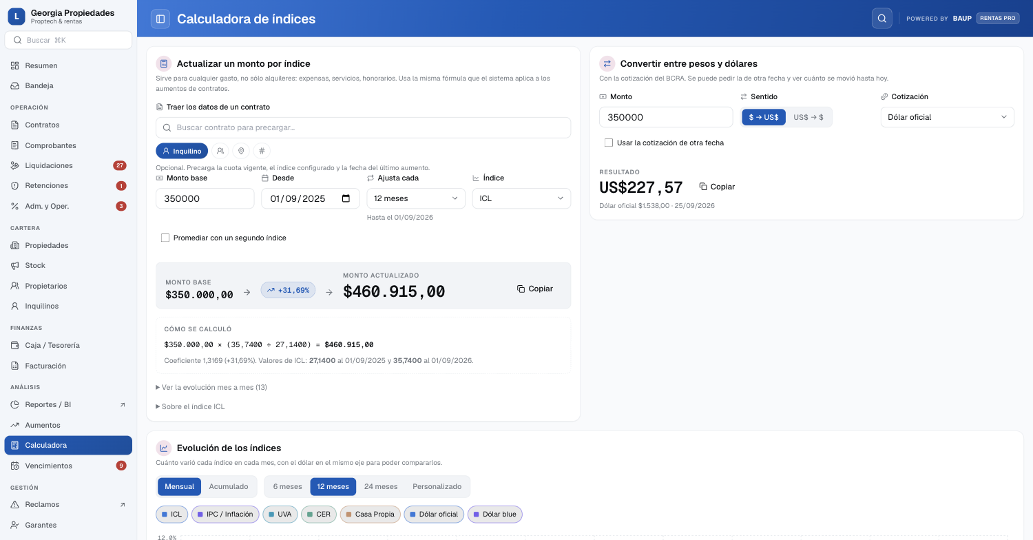 Rentas PRO: calculadora de índices y conversor de monedas