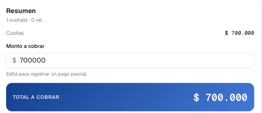 Registrar cobro en Rentas PRO: resumen de la cuota seleccionada y total a cobrar