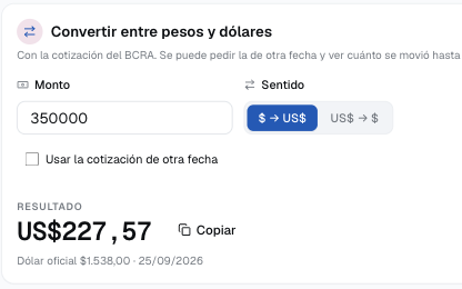 Conversor de pesos a dólares de Rentas PRO con la cotización oficial del BCRA