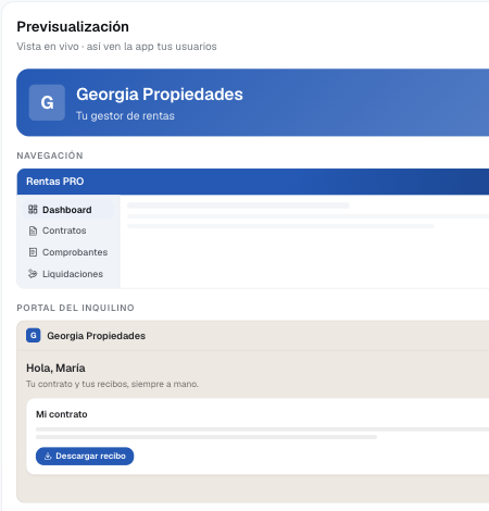 Configuración de marca en Rentas PRO: vista previa del sistema y del portal del inquilino con los colores de la inmobiliaria