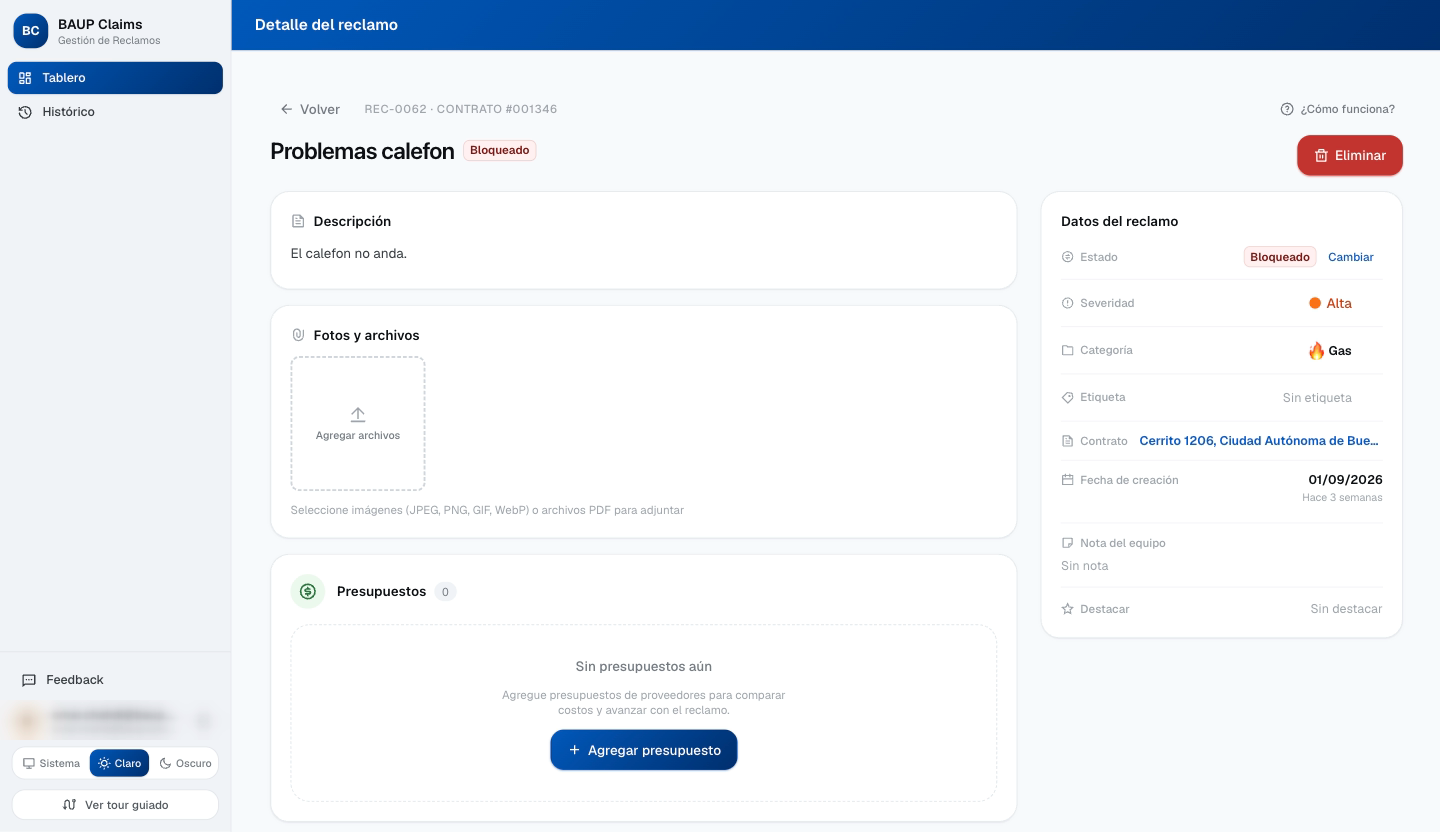 Claims: detalle de un reclamo con datos, archivos y presupuestos
