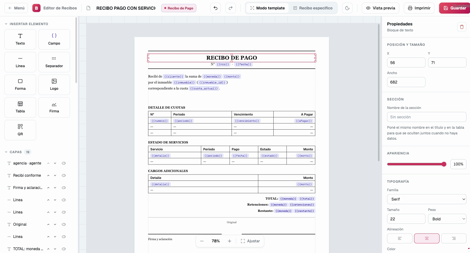 Editor de recibos de Compose con campos dinámicos y panel de propiedades del elemento seleccionado