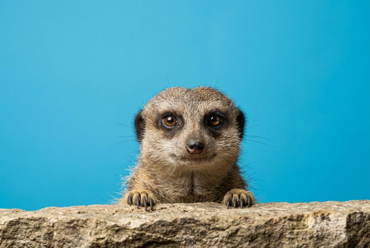 Una suricata asomando la cabeza por encima de una roca, mirando a cámara