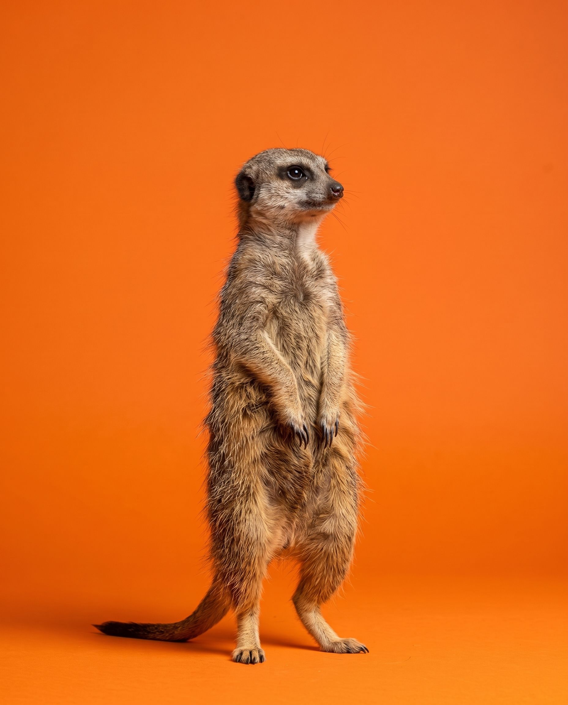 Una suricata de pie, en pose de centinela, sobre fondo naranja