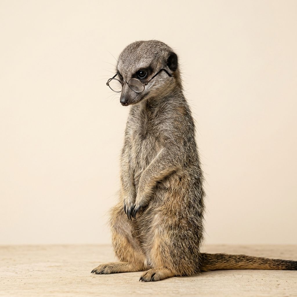 Una suricata con pequeños anteojos de lectura, mirando hacia abajo concentrada