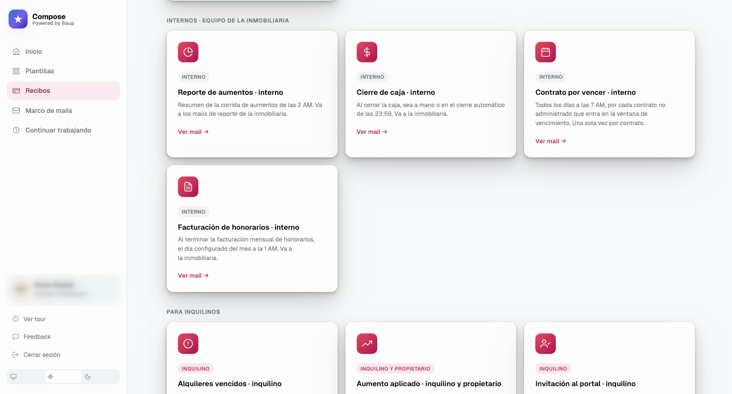 Catálogo de mails automáticos de Compose: reporte de aumentos, cierre de caja, contratos por vencer