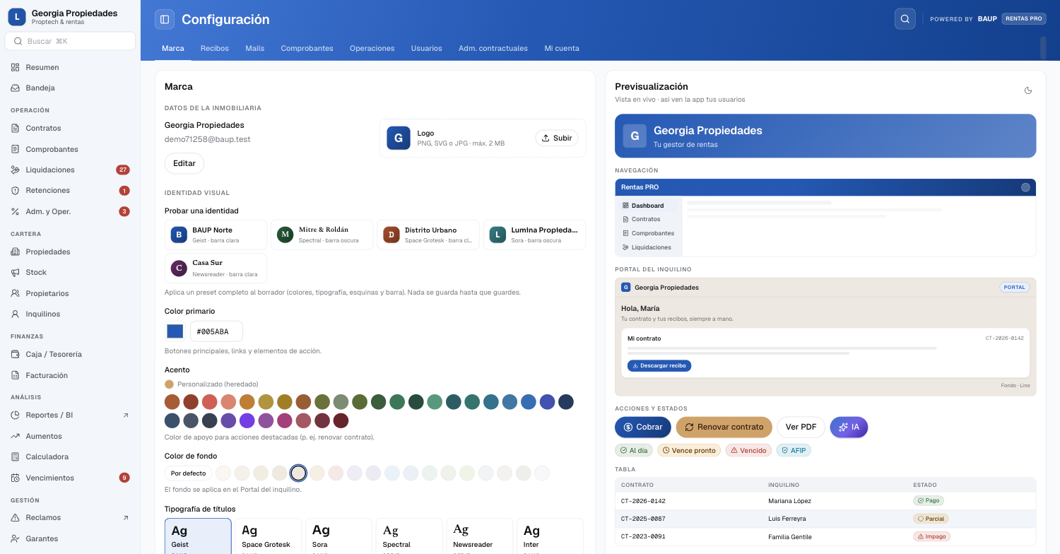 Configuración de marca: identidad visual, colores y tipografías con previsualización del sistema y del portal