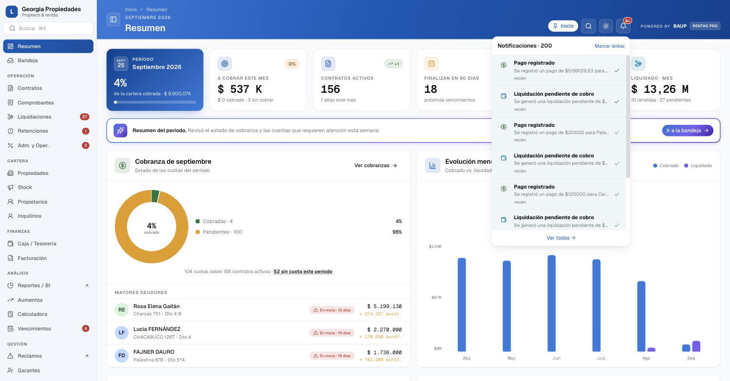 Rentas PRO: panel de notificaciones sobre el resumen