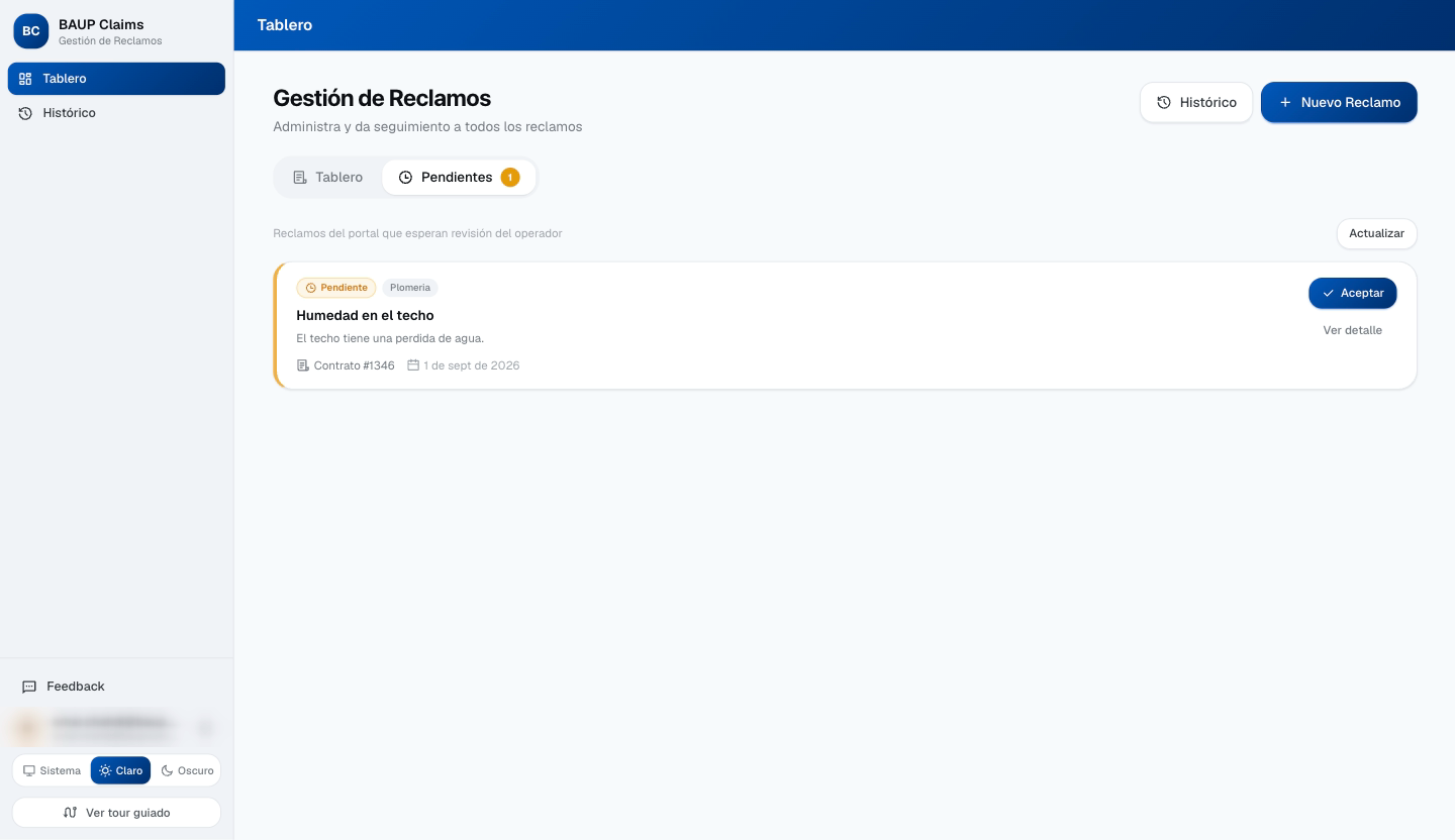 Claims: reclamos pendientes del portal esperando revisión del operador