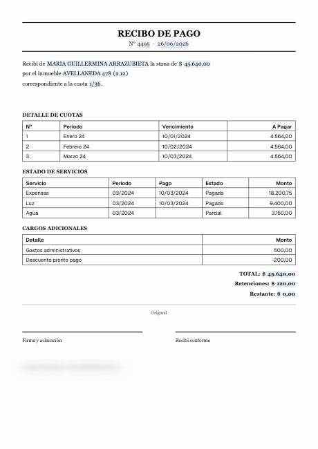 Recibo de pago generado por Compose con detalle de cuotas, servicios y cargos adicionales