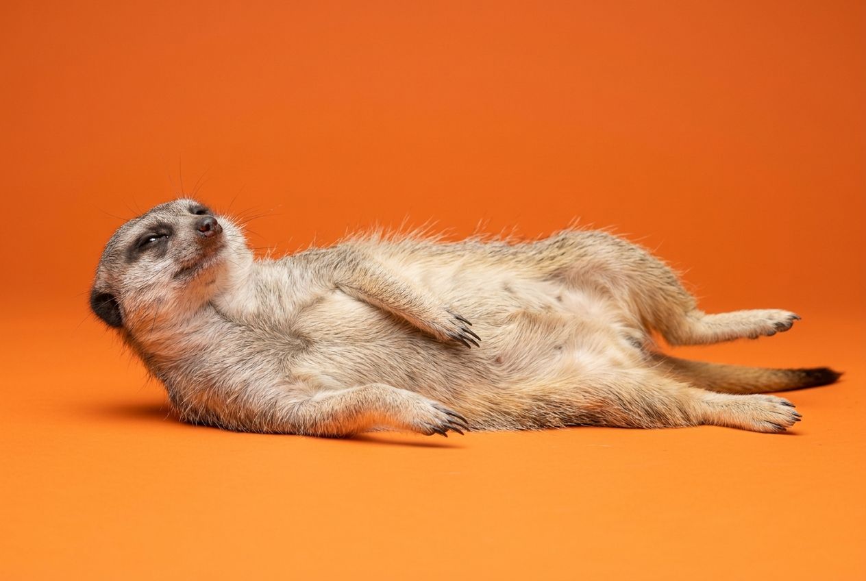 Una suricata recostada boca arriba, tomando sol, muy relajada