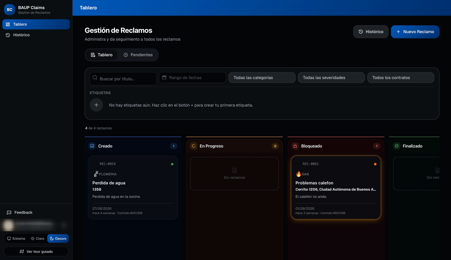 Claims: tablero de reclamos en modo oscuro