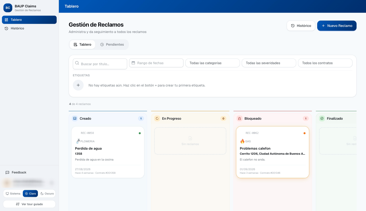 Claims: tablero kanban de reclamos por estado con filtros