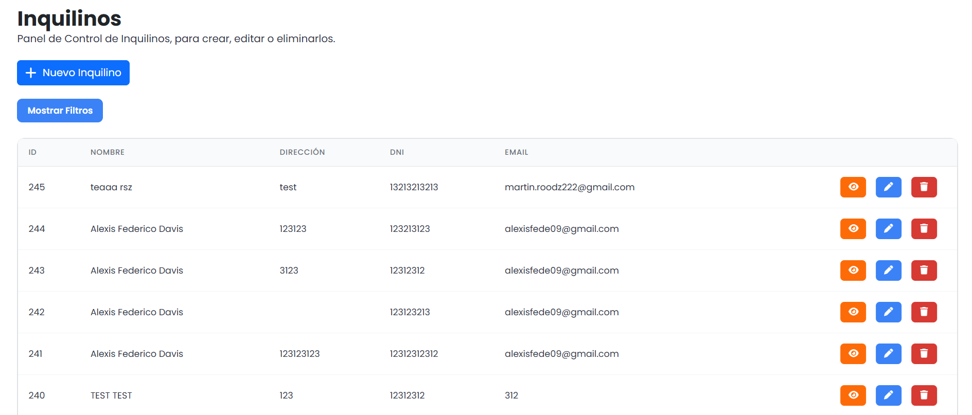 Panel de gestión de inquilinos con historial de pagos y datos personales