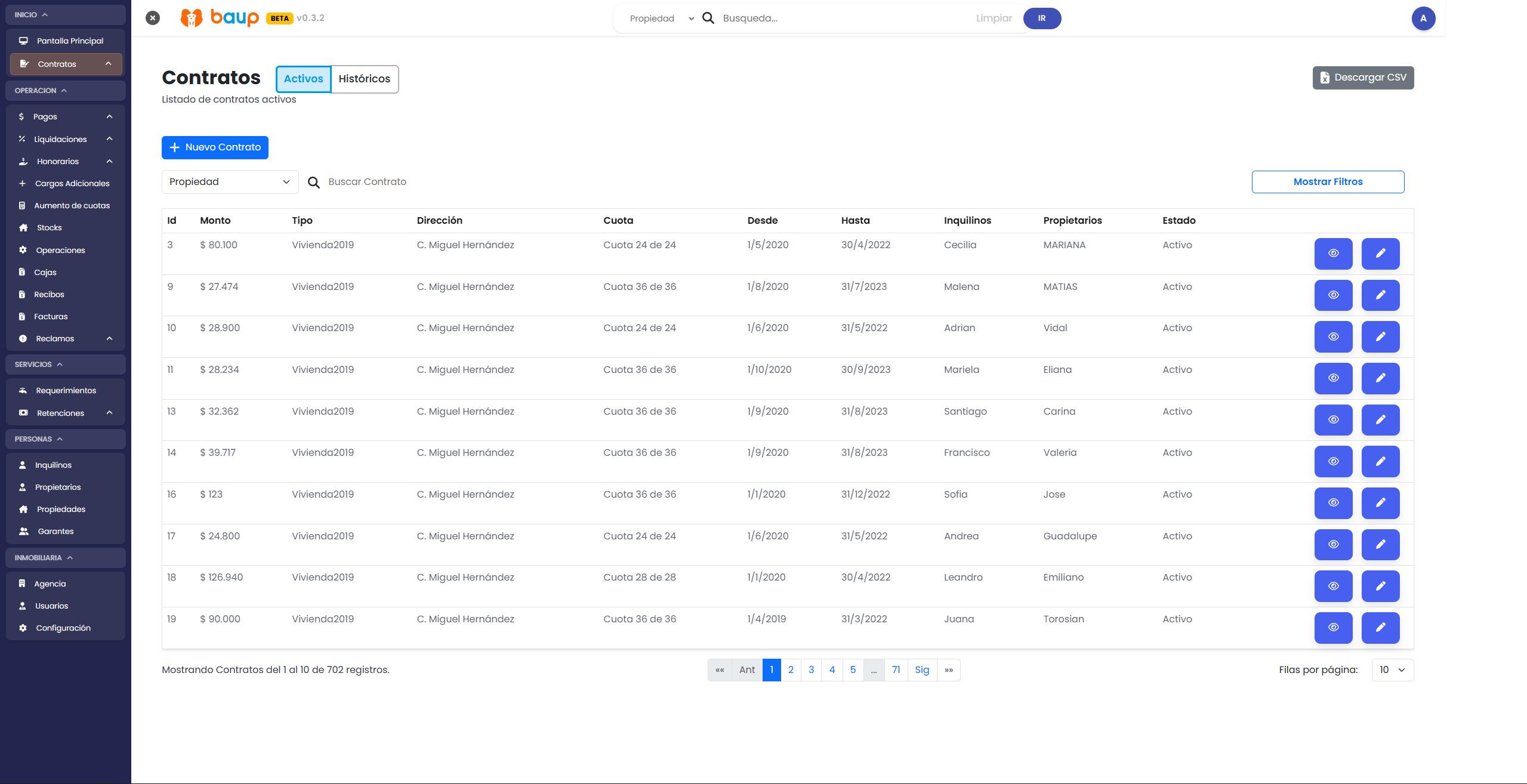 Lista de contratos inmobiliarios con datos de ejemplo